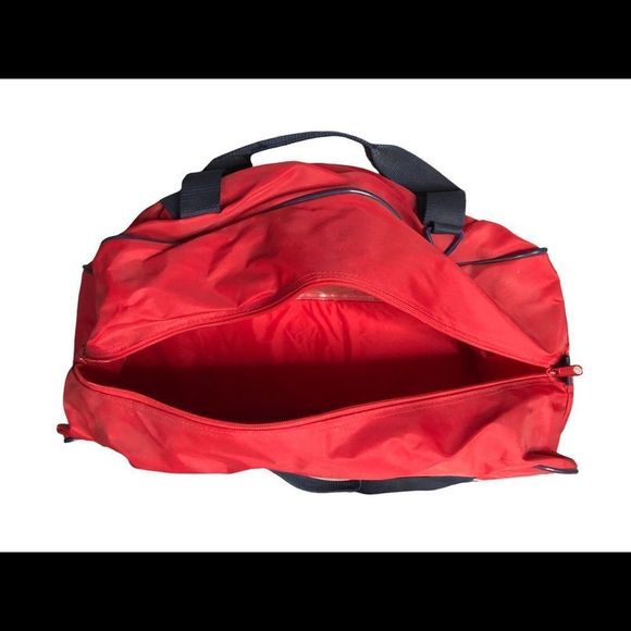 Vintage 80s 90s Adidas Duffle Bag Gym Travel Retro Spellout Mega Red Duffel - Picture 5 of 8